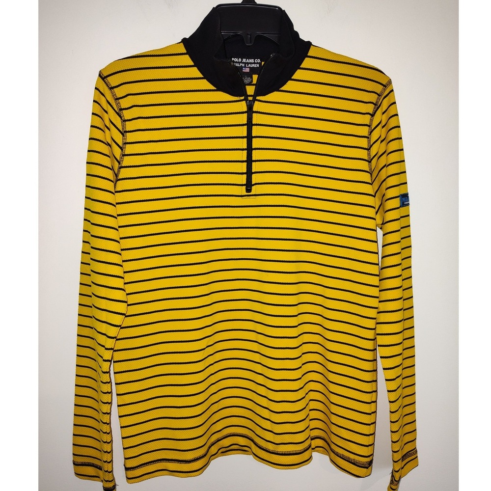 Polo Jeans Co Ralph Lauren Mens Large Yellow Black Striped Quarter Zip Pullover